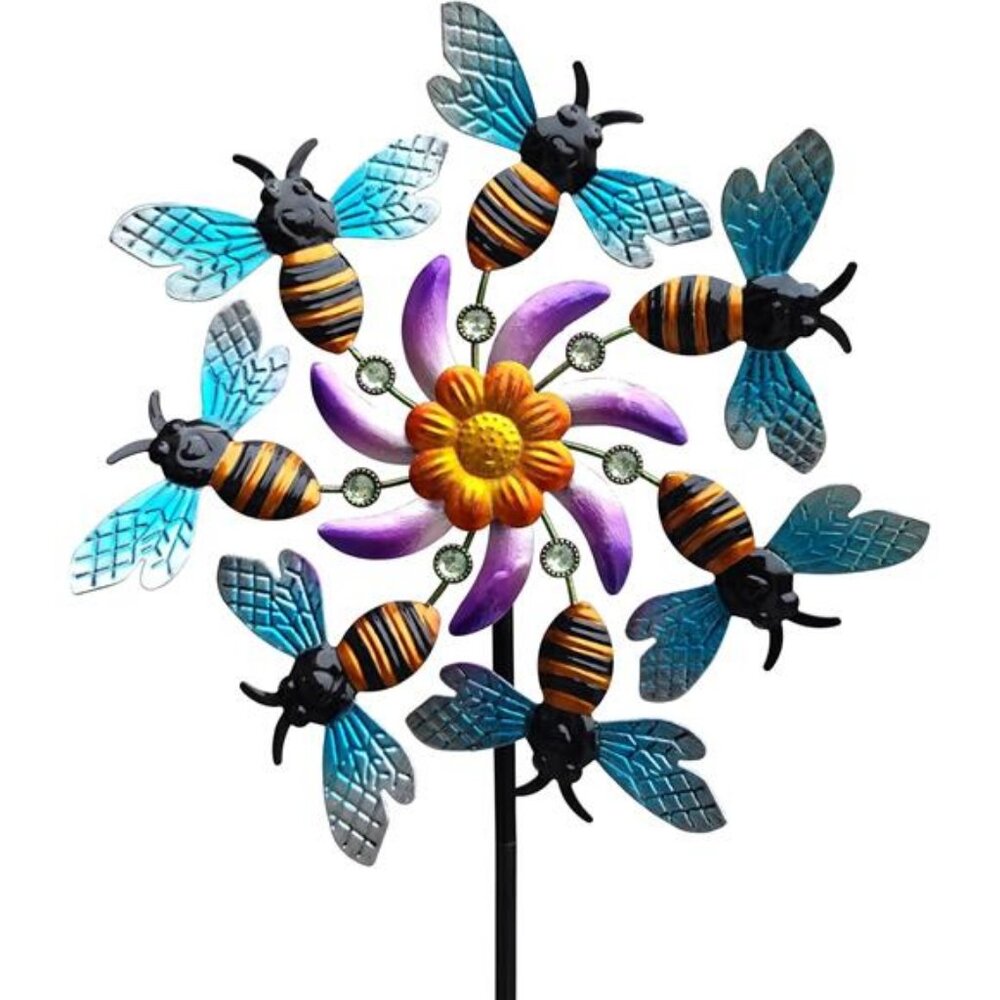 39" Bee Wind Spinners Metal Garden Stake-Outdoor Yard Windmill-Wind Sculpture
